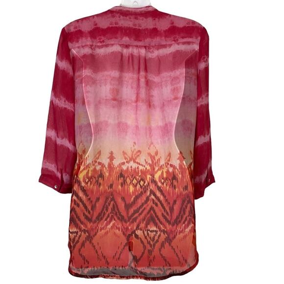 Chicos Pink Orange Button Down Sheer 3/4 Sleeve Long Line Top Shirt Blouse 0/ S - Picture 7 of 15